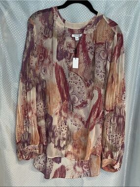 Chico's Sheer Paisley Brushstroke Blouse in Cream, Purple & Brown